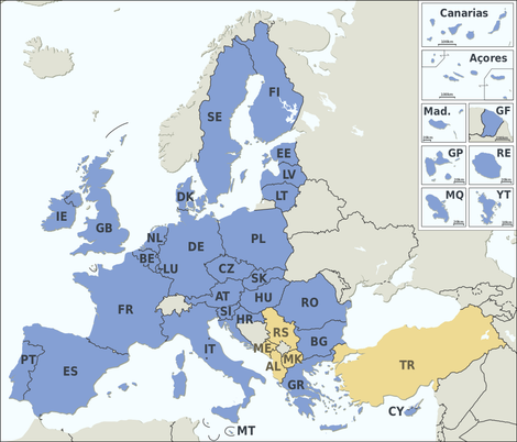 Miembros de la Unión Europea (en azul) y candidatos (en amarillo)